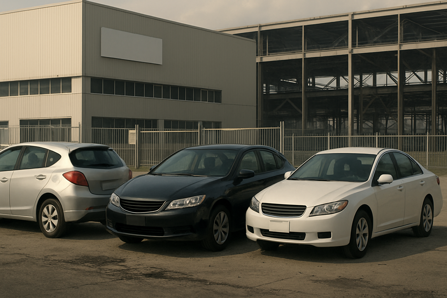 Three parked sedans in muted colors stand in front of an empty industrial building under cloudy skies