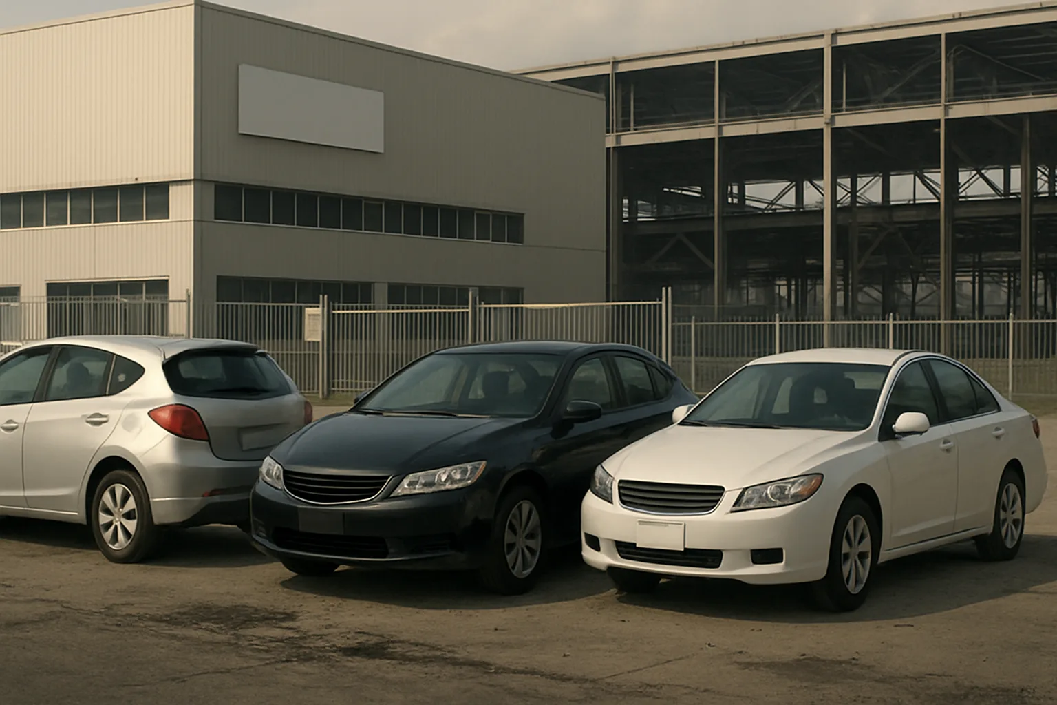 Three parked sedans in muted colors stand in front of an empty industrial building under cloudy skies