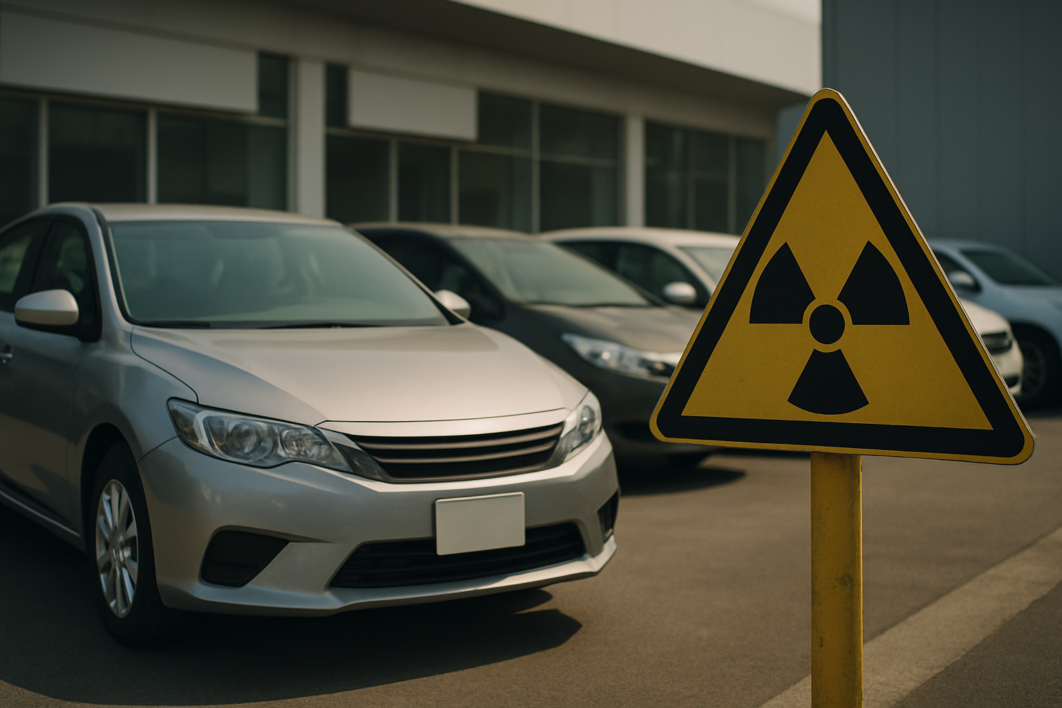 Yellow radiation warning sign in the foreground near parked silver and grey cars outside a modern glass-fronted building