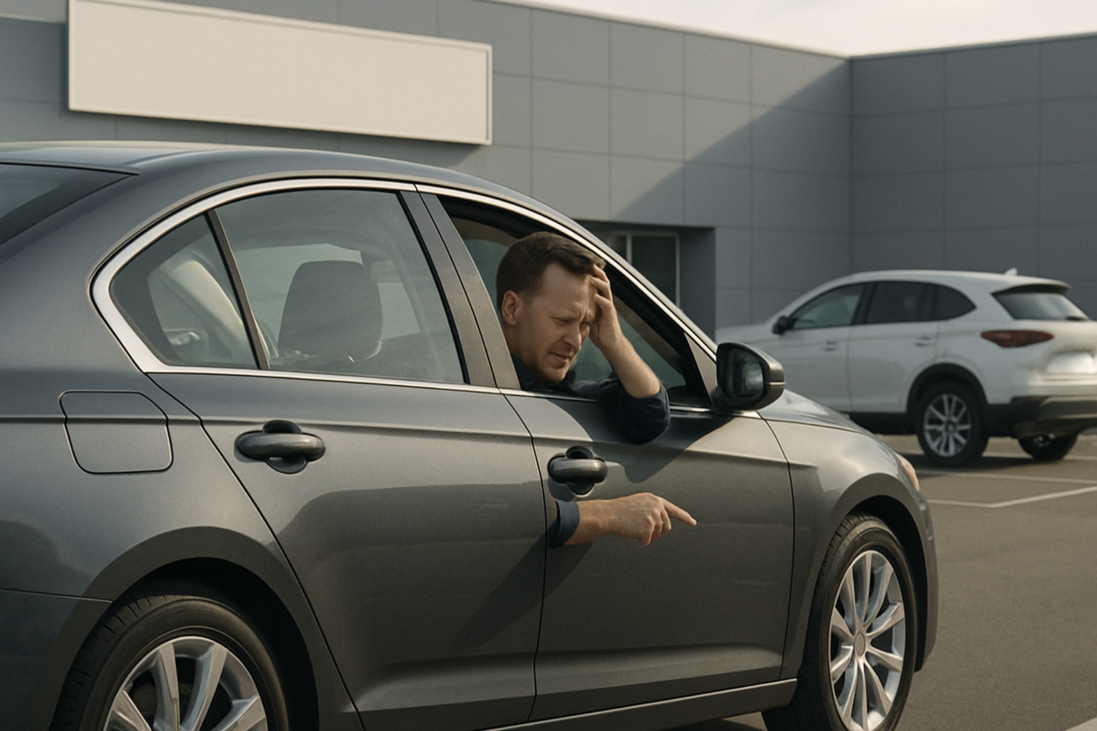 A man in a dark grey sedan leans out the window looking frustrated, gesturing downward in a sunlit car park