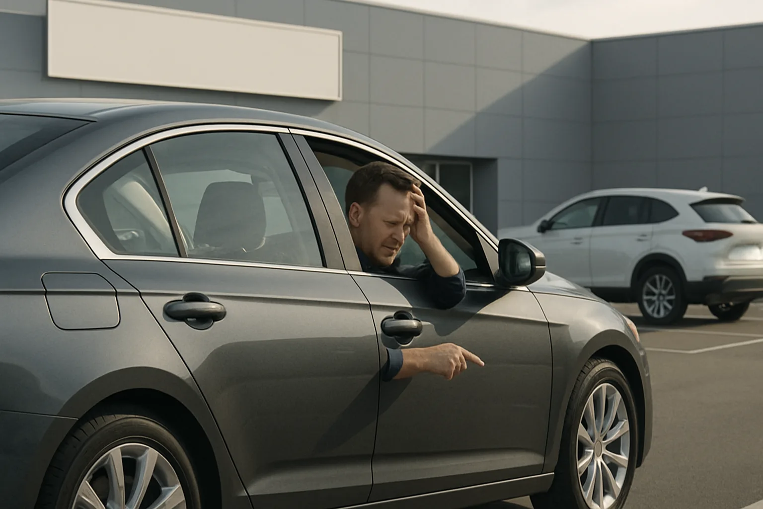 A man in a dark grey sedan leans out the window looking frustrated, gesturing downward in a sunlit car park