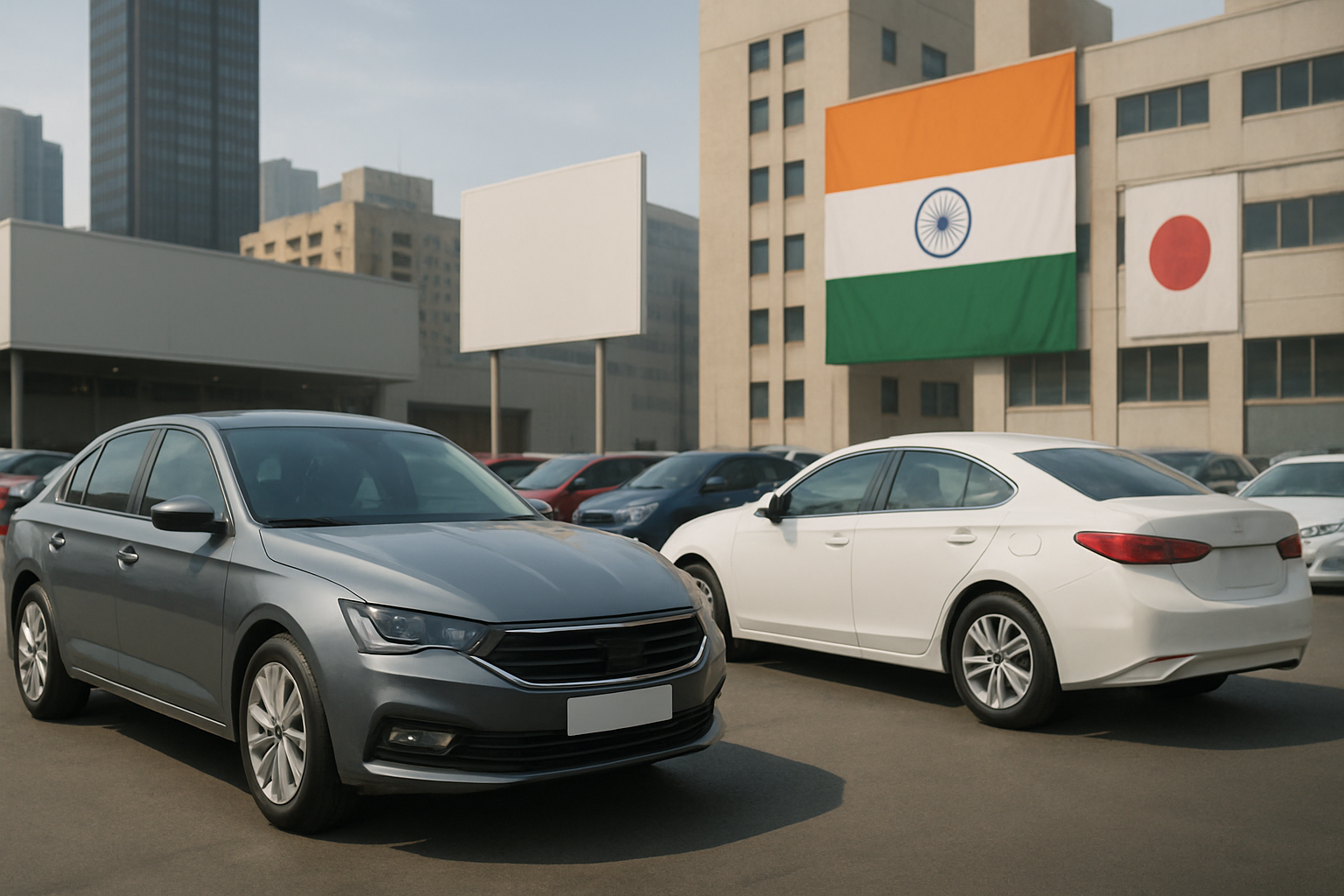 Two modern sedans parked in a city lot with large Indian and Japanese flags on beige office buildings nearby
