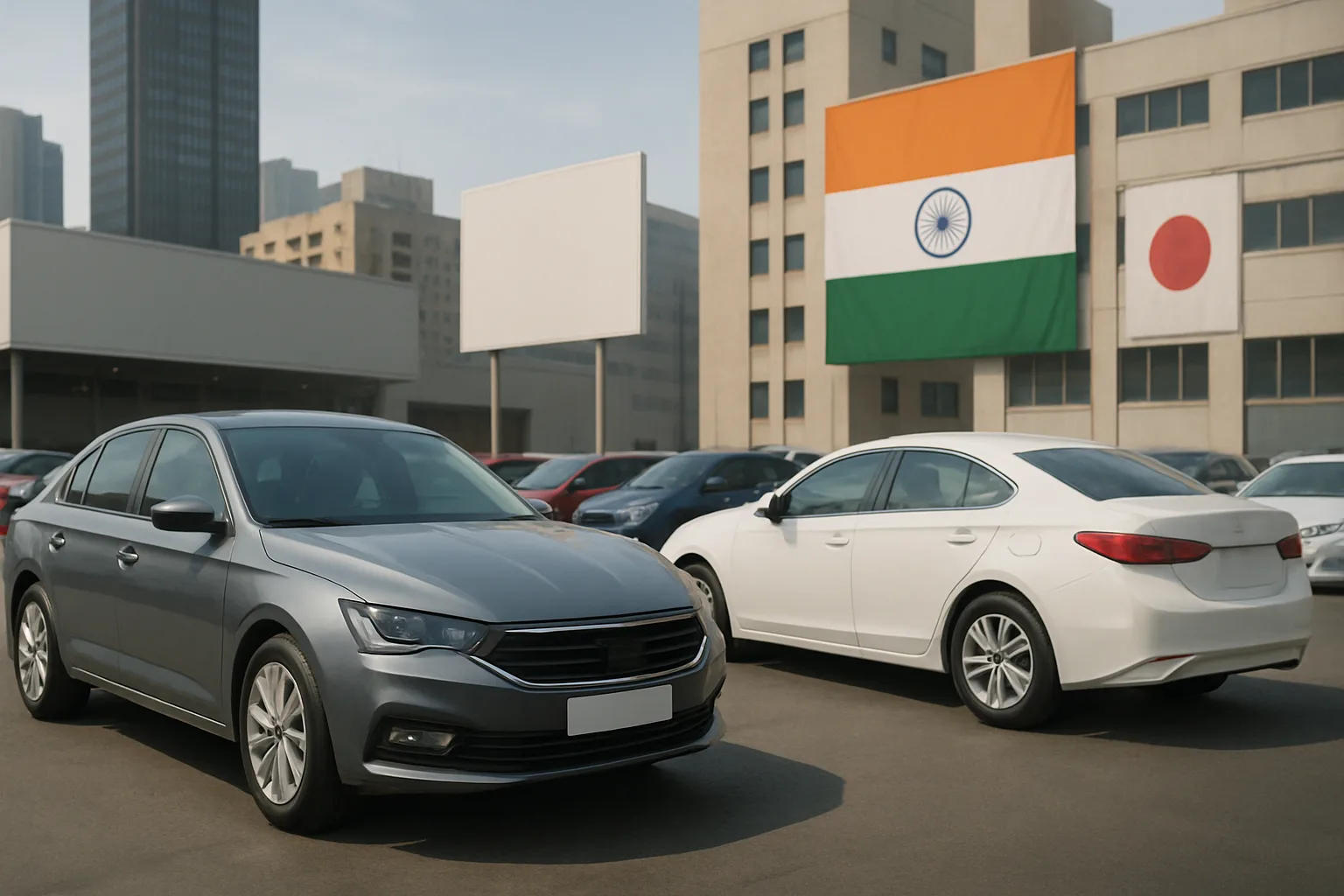 Two modern sedans parked in a city lot with large Indian and Japanese flags on beige office buildings nearby