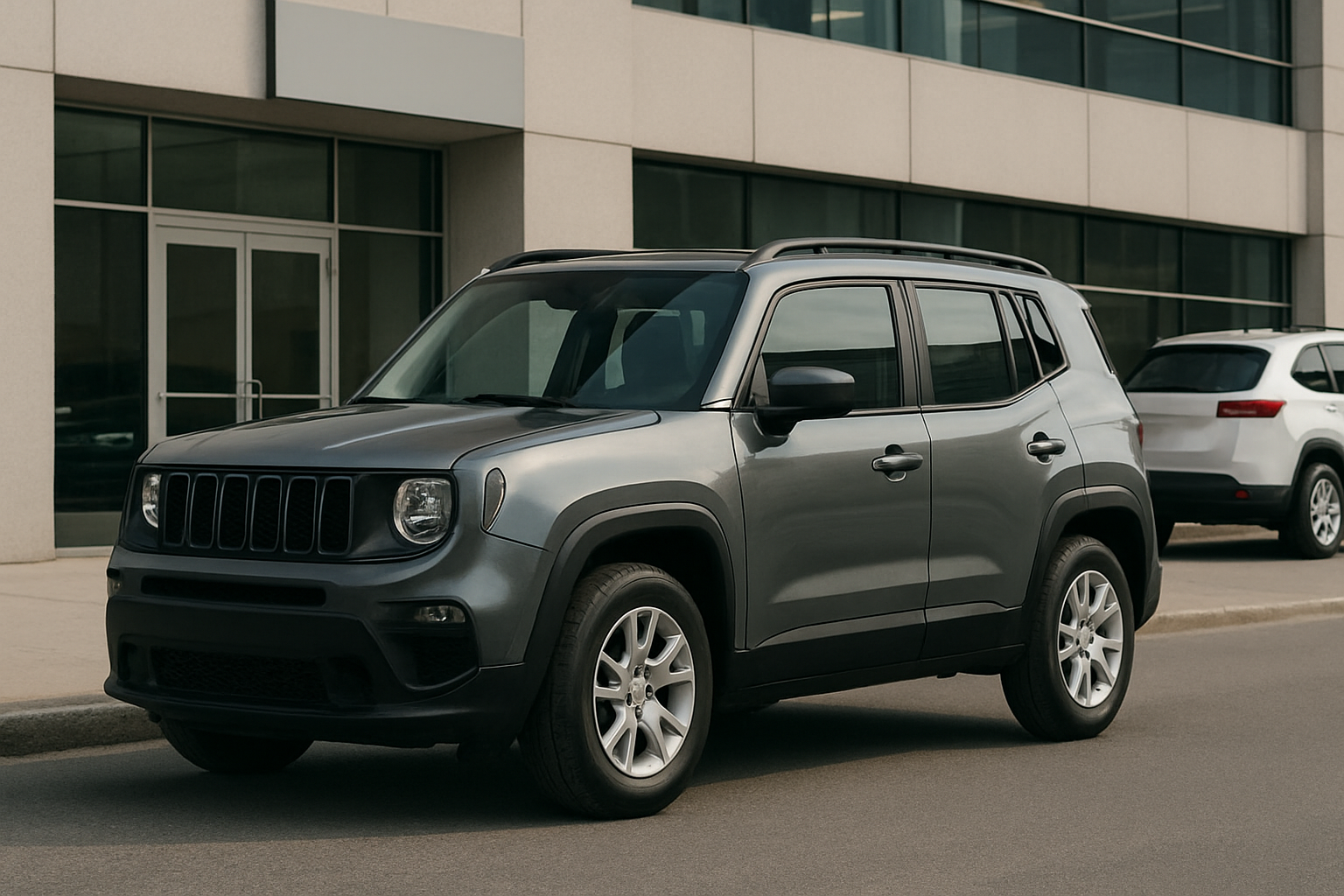 A compact grey SUV with black trim parked beside a modern glass and concrete building in soft daylight