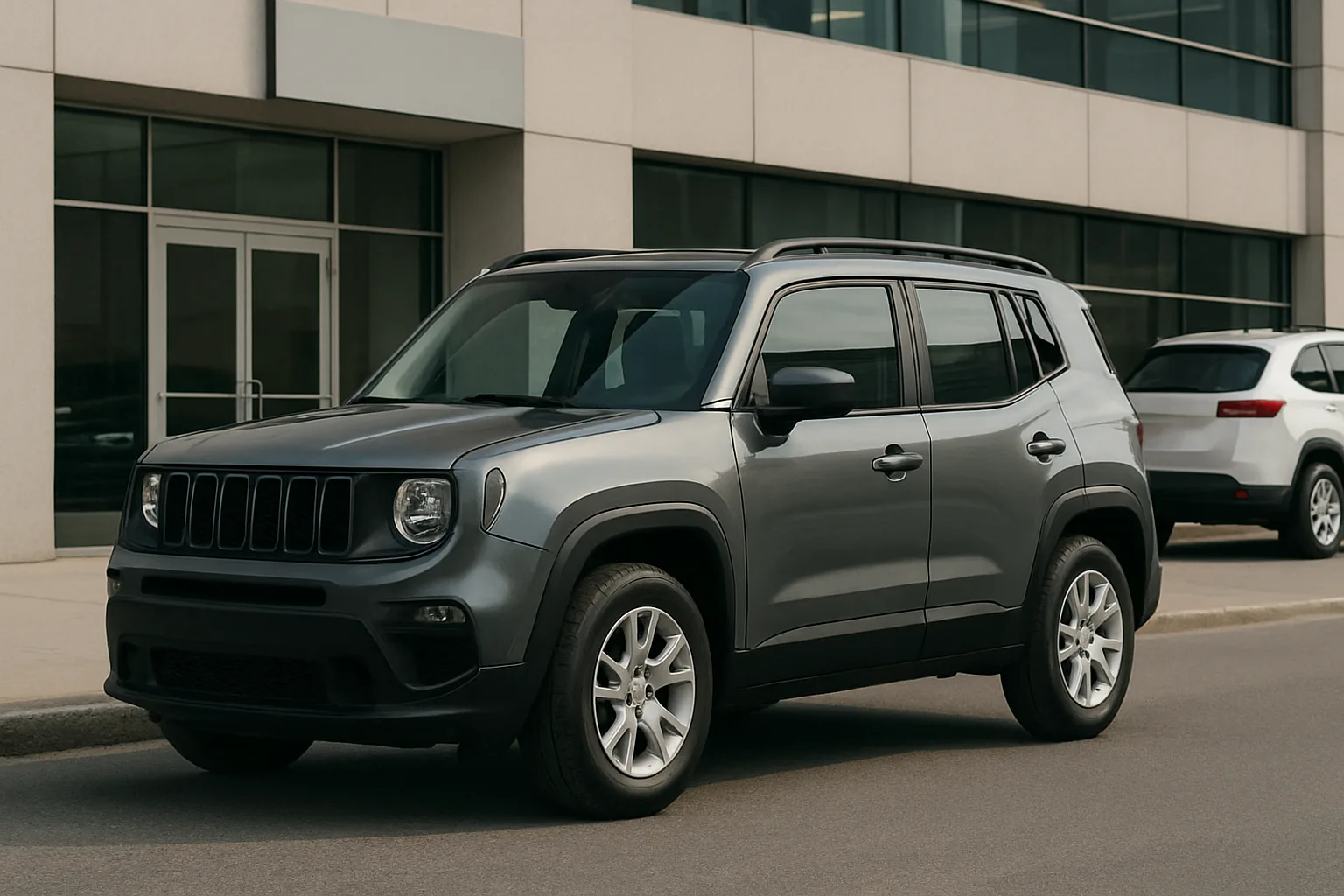 A compact grey SUV with black trim parked beside a modern glass and concrete building in soft daylight