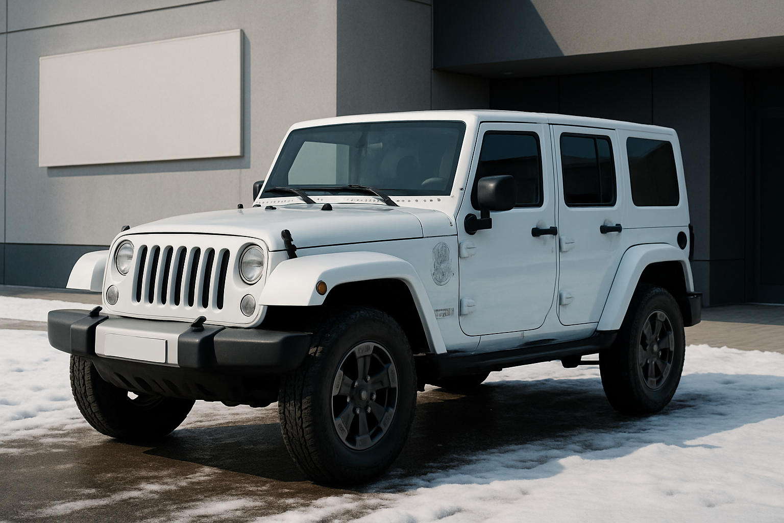 A white, boxy off-road vehicle with black trim and dark alloy wheels parked on a snowy surface near a modern building