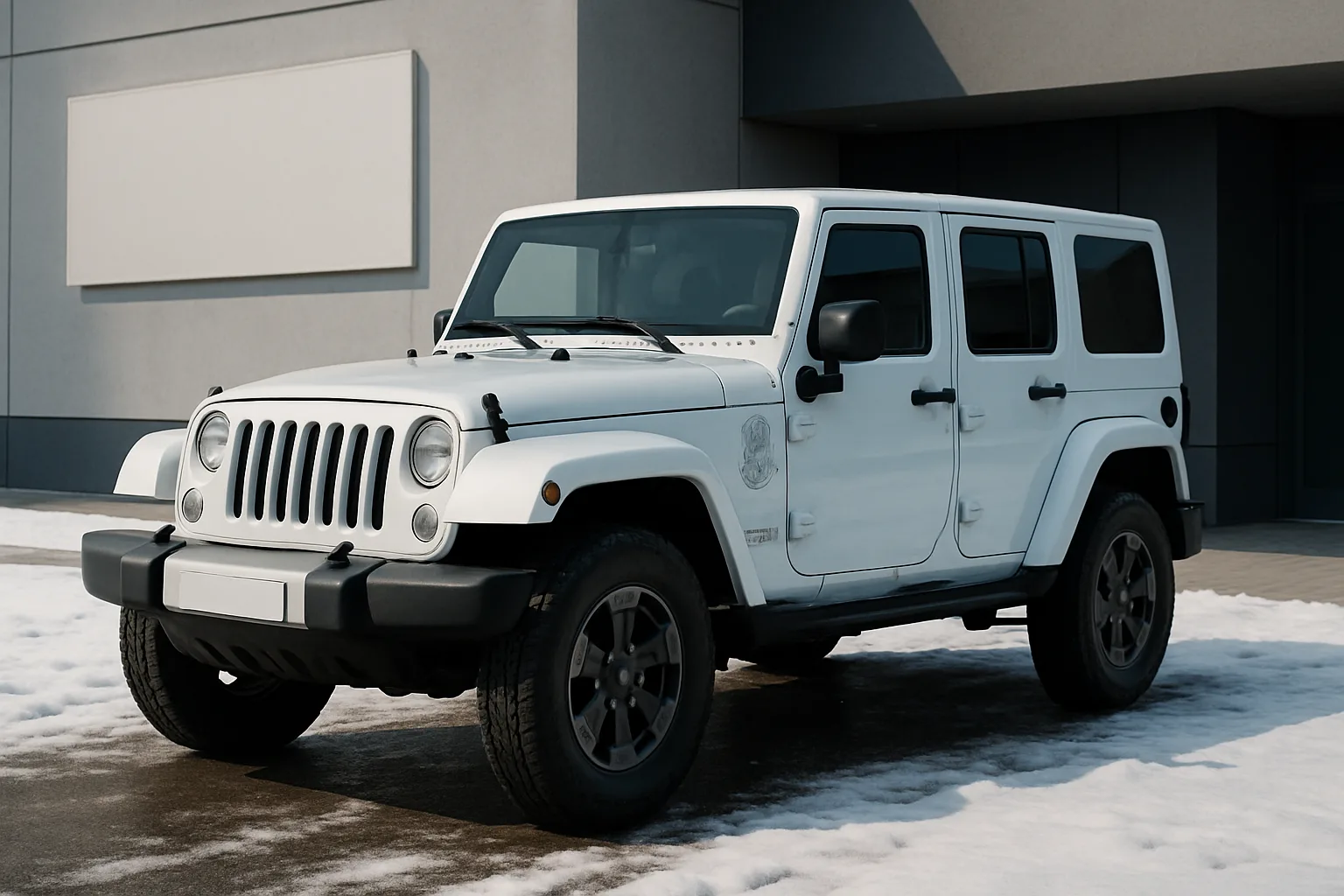 A white, boxy off-road vehicle with black trim and dark alloy wheels parked on a snowy surface near a modern building