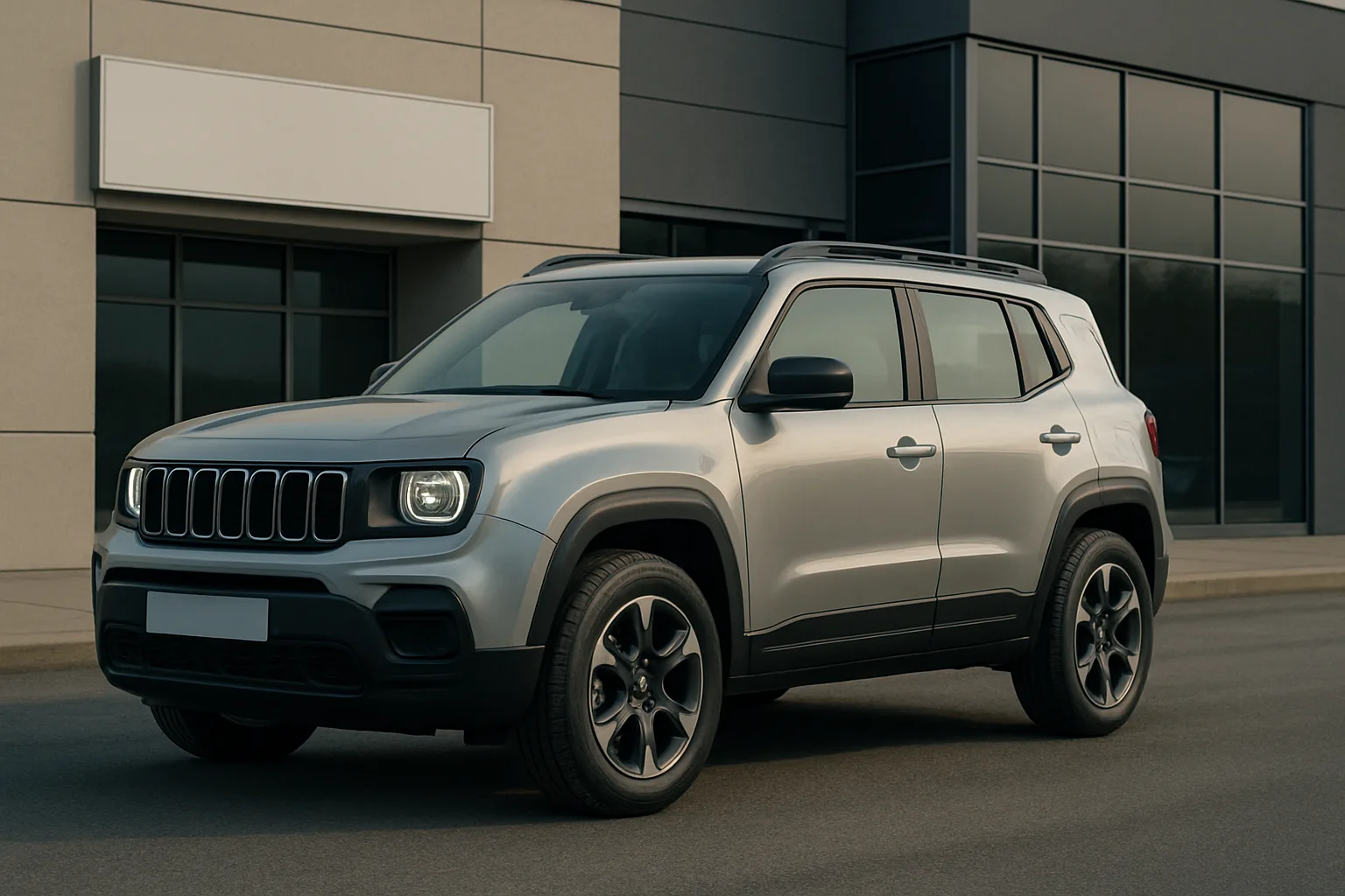 Grey compact SUV with black trim parked on an empty street beside a modern building with large windows
