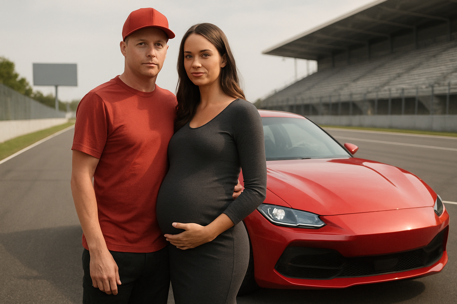 A man in a red shirt and cap stands beside a pregnant woman in a dark dress in front of a red sports car on a racetrack