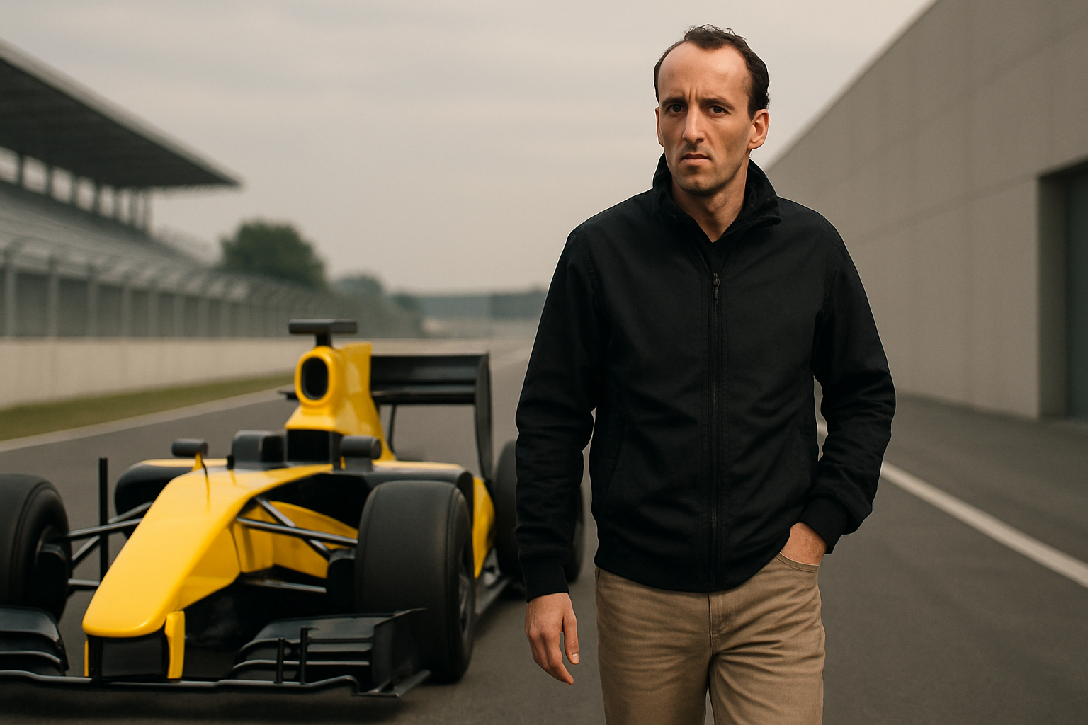 A man in a black jacket and beige pants walks on a racetrack beside a yellow open-wheel car under an overcast sky