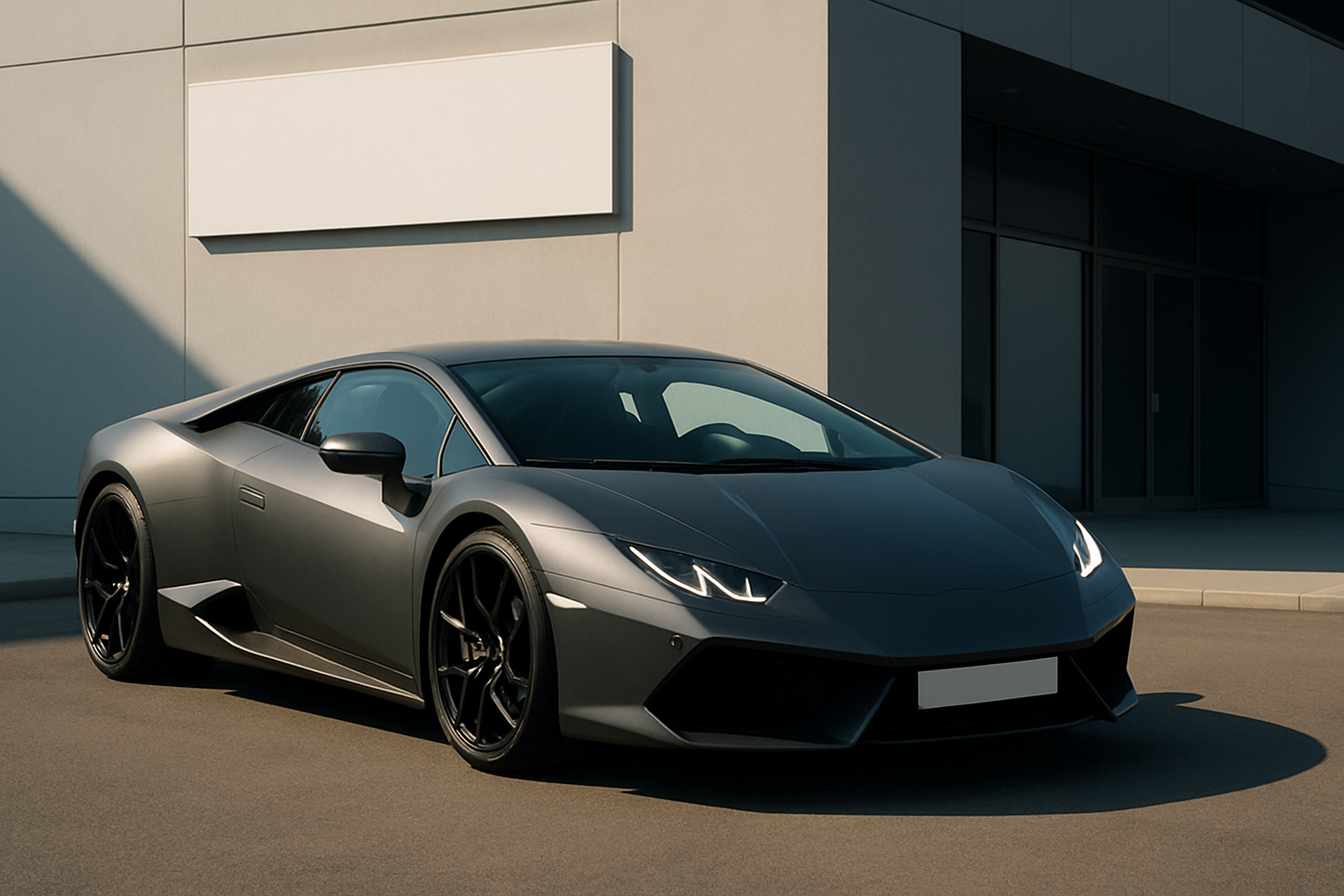 Low-slung matte grey sports car with sharp angles and dark wheels parked in sunlight beside a modern concrete building