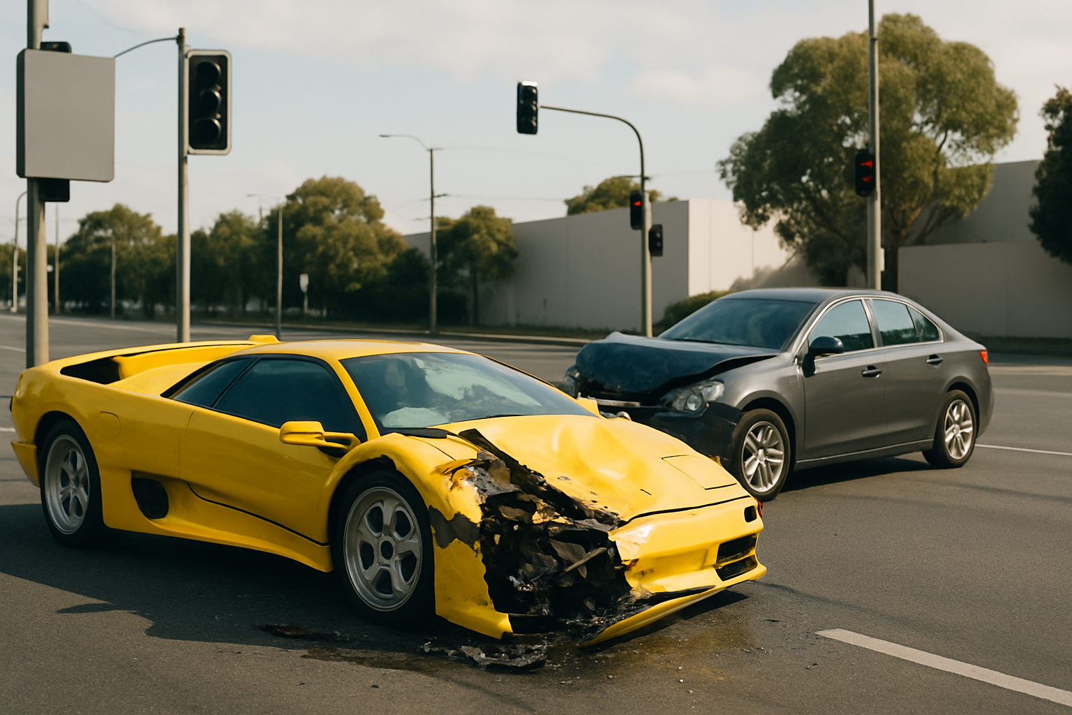 Bright yellow sports car with severe front damage and a dark sedan with a crumpled hood, both in a sunlit intersection