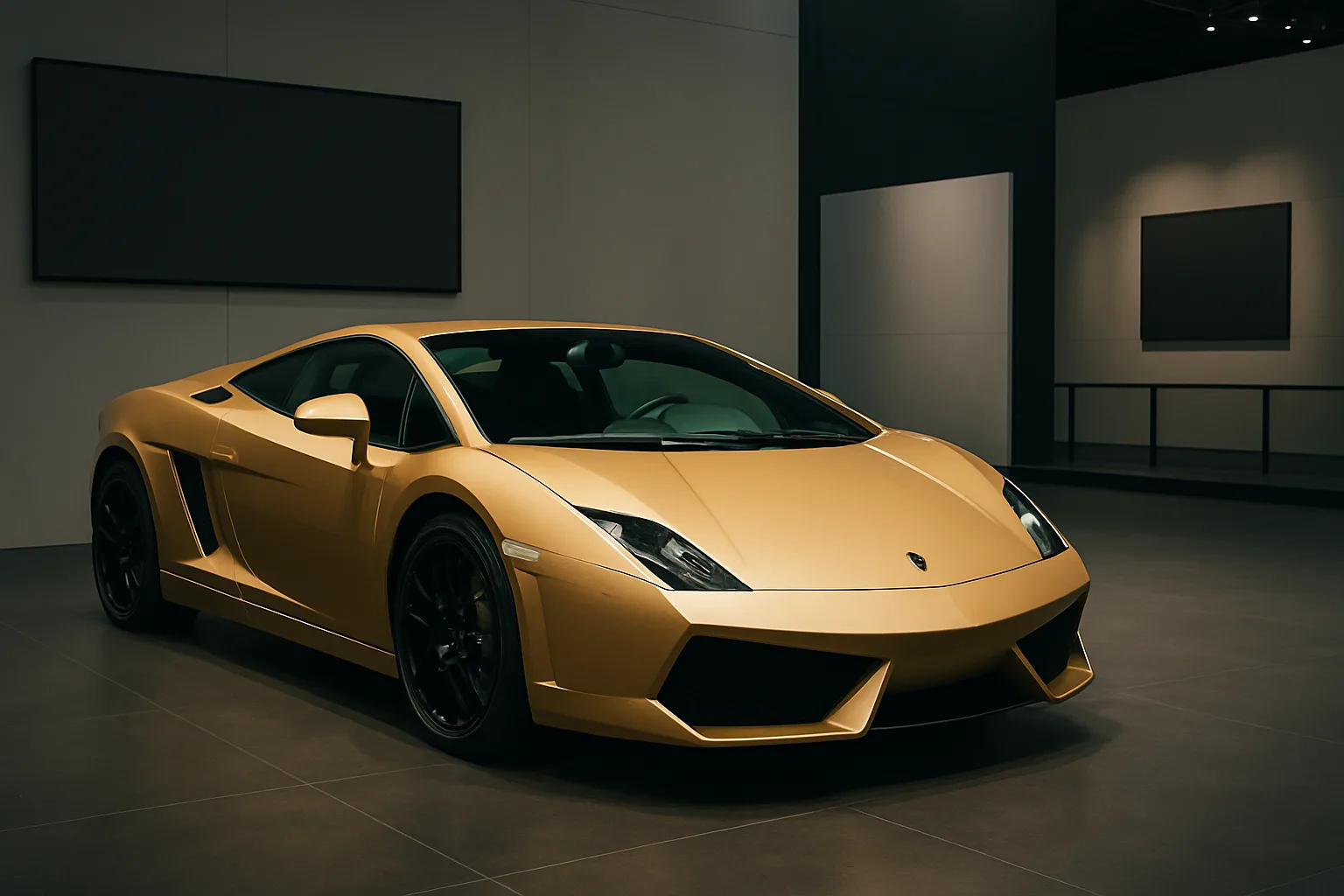 Sleek gold sports car with sharp lines and black wheels displayed in a softly lit, modern showroom