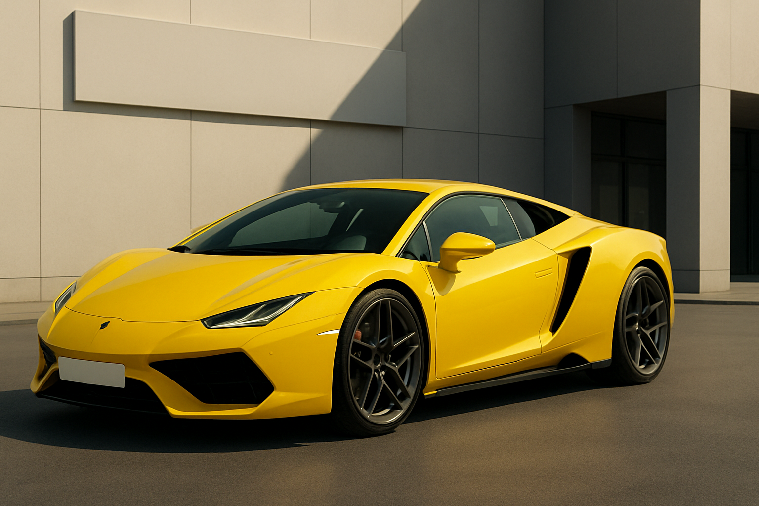 Low, angular yellow sports car with sculpted bodywork and dark wheels parked on smooth pavement in bright sunlight