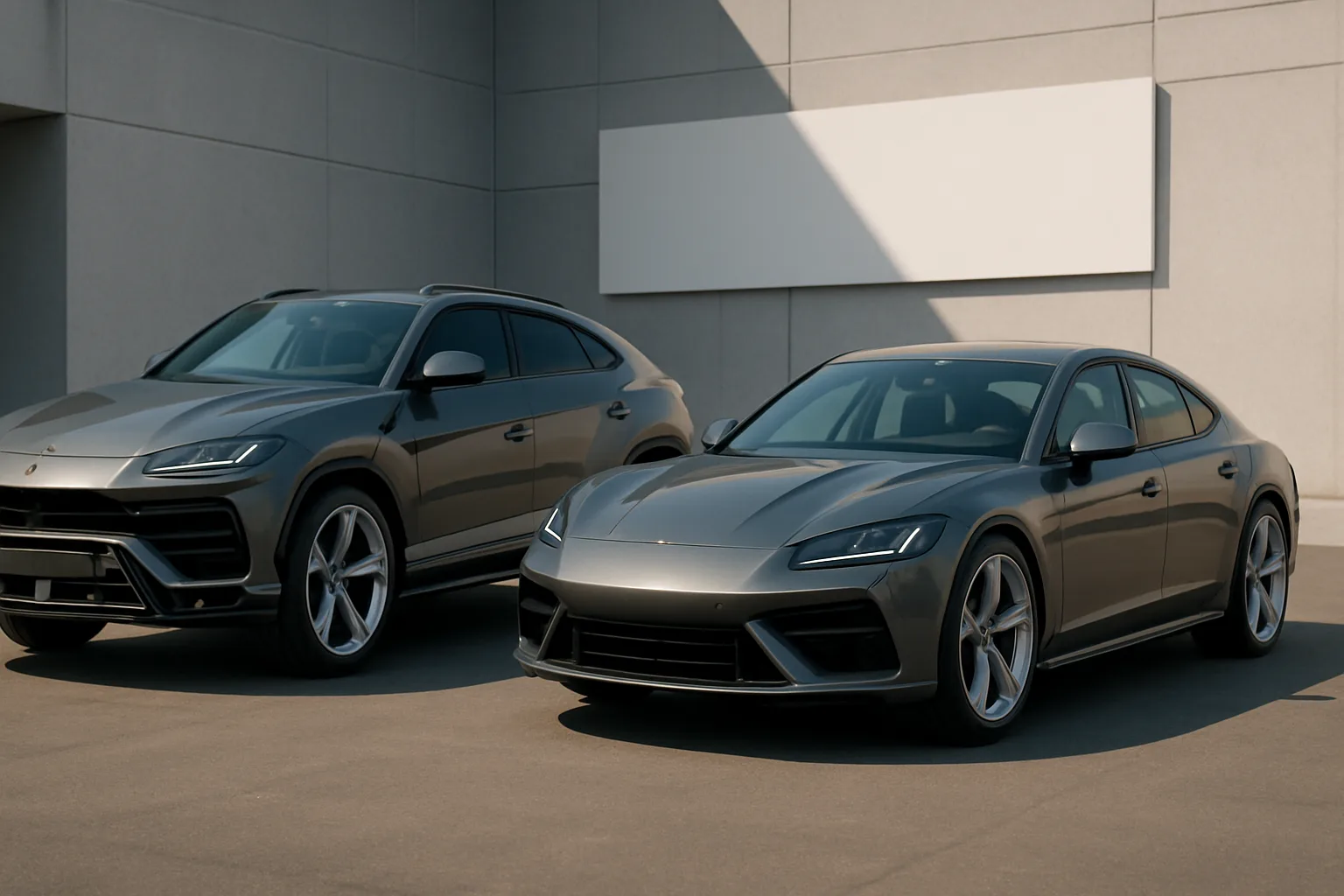 Two sleek grey cars, one a low sedan and the other a high-riding SUV, parked on sunlit concrete beside a modern wall