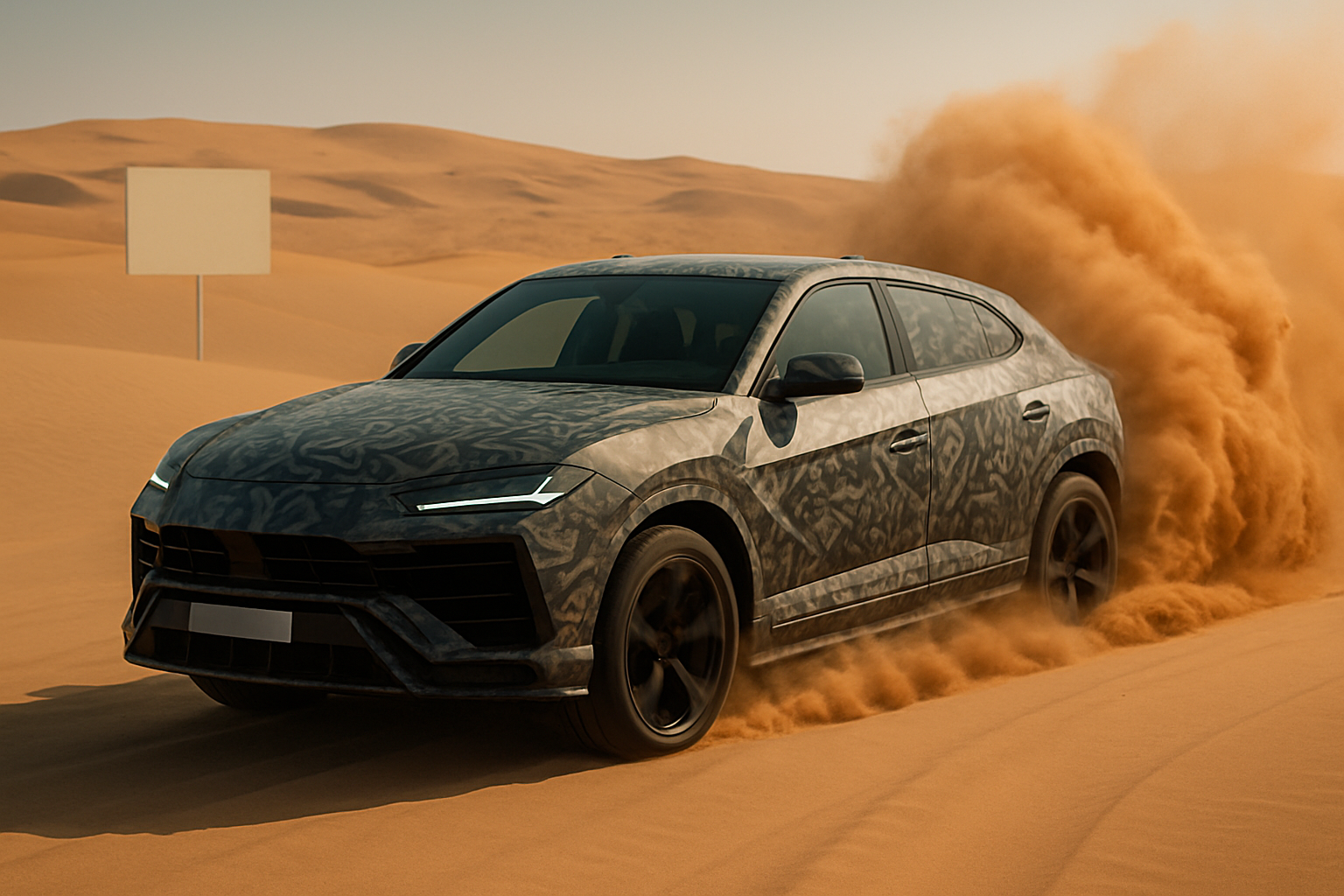Angular SUV with dark patterned bodywork driving fast across orange desert sand, kicking up a large swirling dust cloud