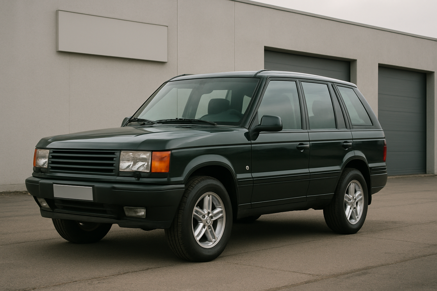 Boxy dark green SUV parked on clean asphalt in front of a plain light grey industrial building under overcast skies