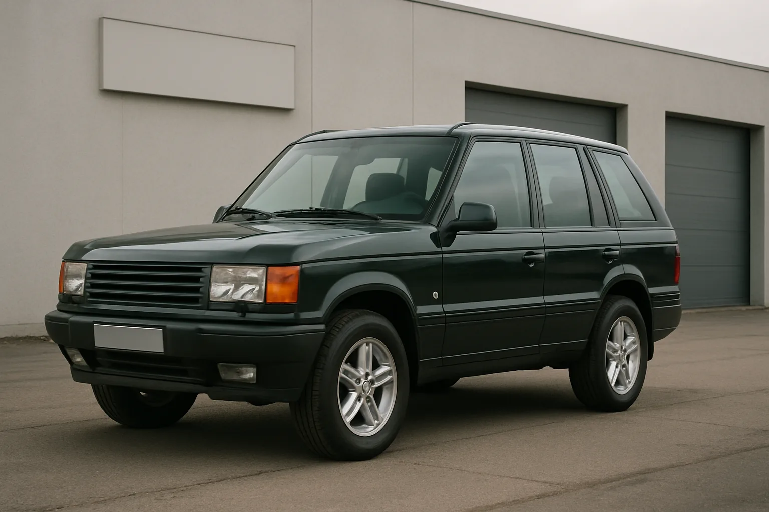 Boxy dark green SUV parked on clean asphalt in front of a plain light grey industrial building under overcast skies