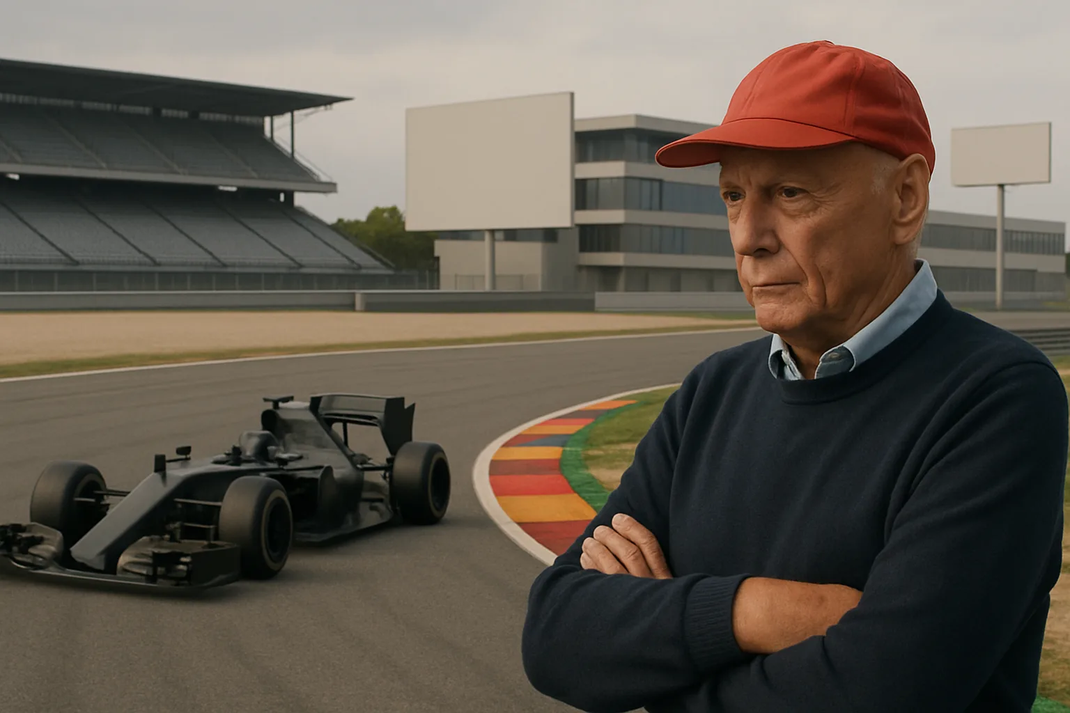 An older man in a red cap stands with arms crossed by a dark race car on a curving track near empty grandstands