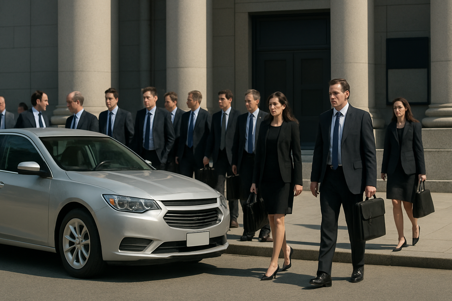 A group of people in dark business attire carrying briefcases walk past a silver sedan outside a stone building with columns