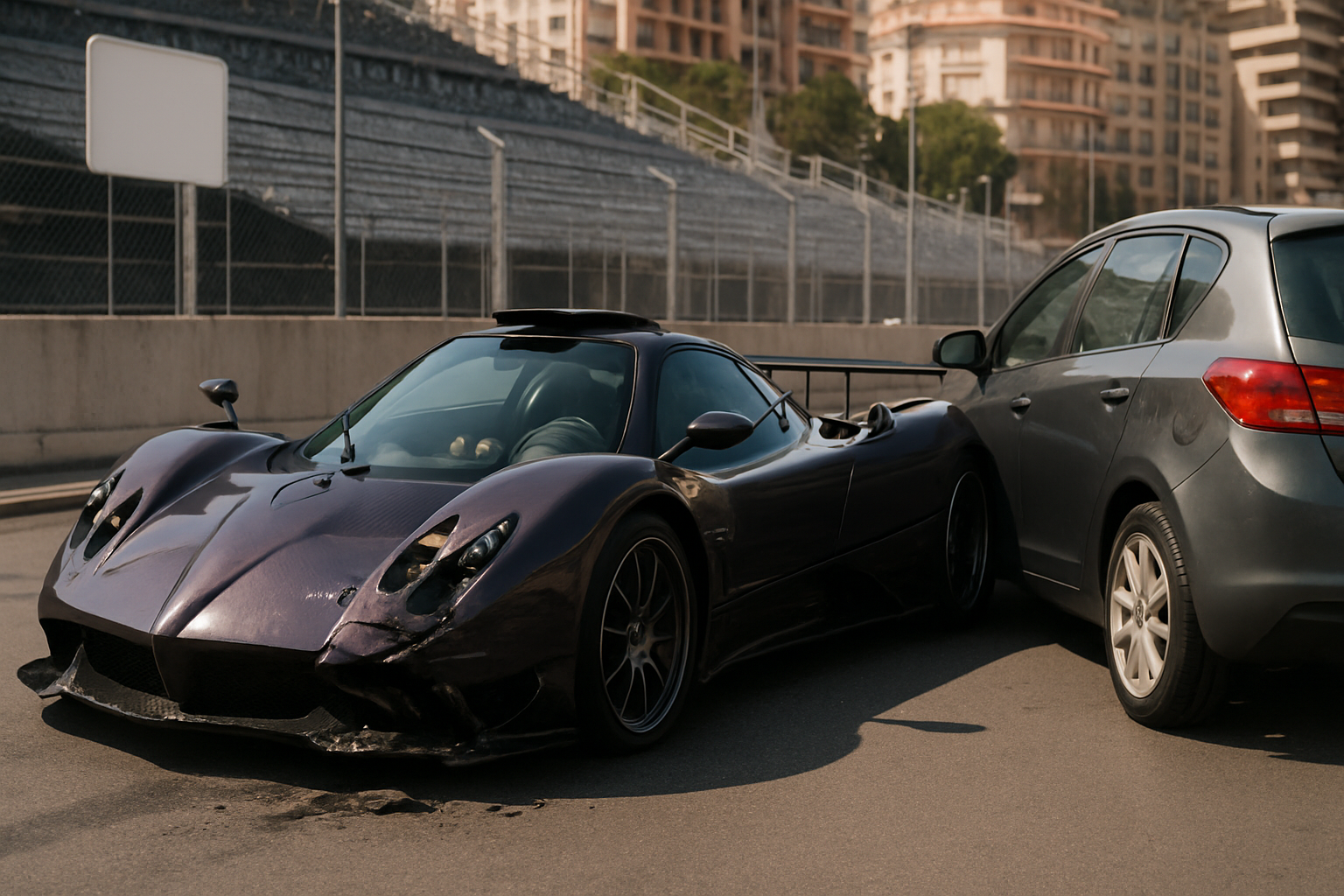 Two damaged cars, one low and purple, the other grey, stand on a city street beside fencing and empty grandstands