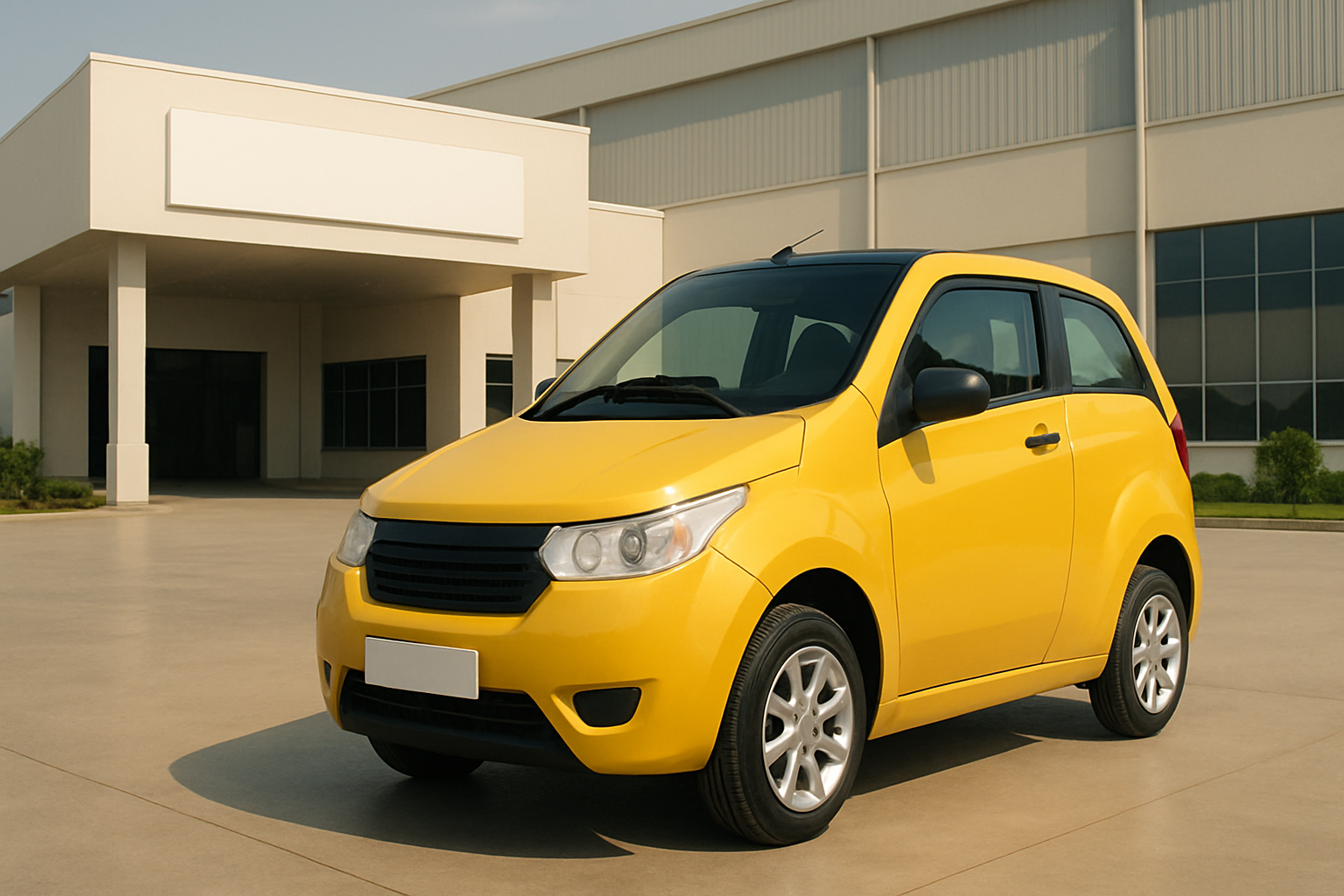 A small yellow hatchback with black roof parked on clean pavement in front of a modern industrial building in soft daylight