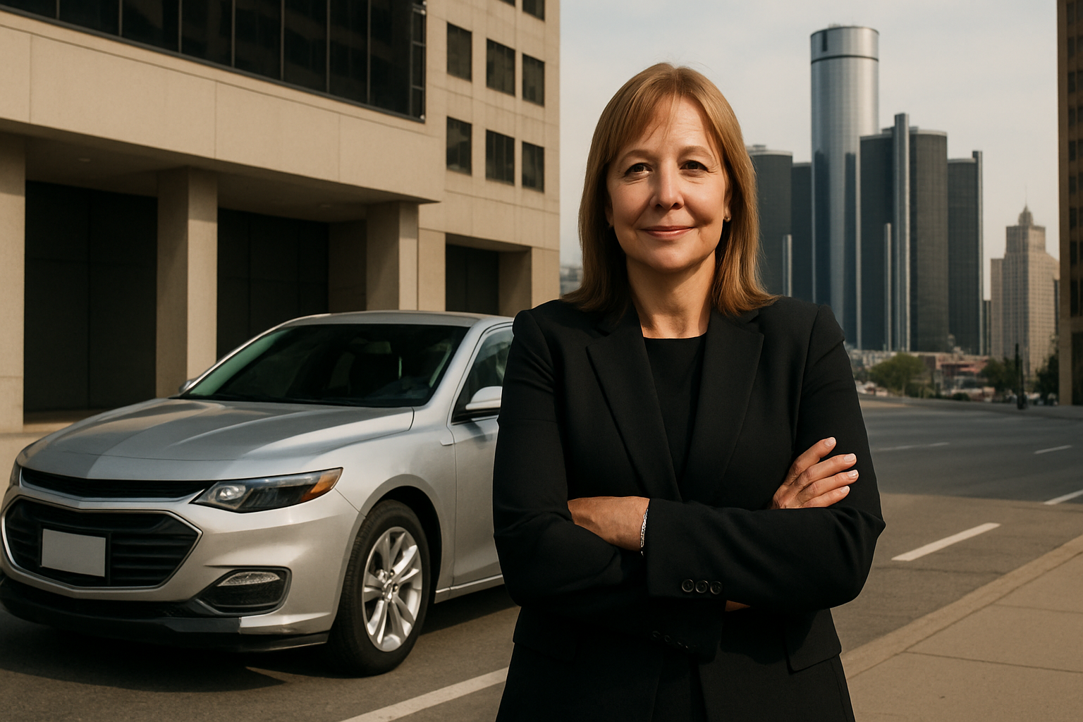 Woman in a black blazer stands with arms crossed on a city street, silver sedan and modern skyscrapers in the background