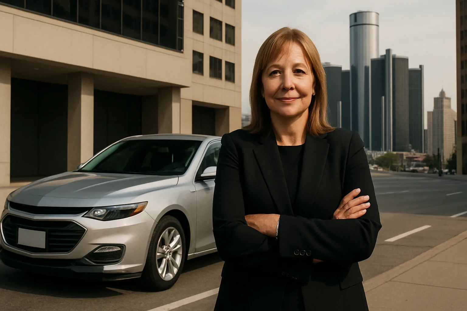 Woman in a black blazer stands with arms crossed on a city street, silver sedan and modern skyscrapers in the background