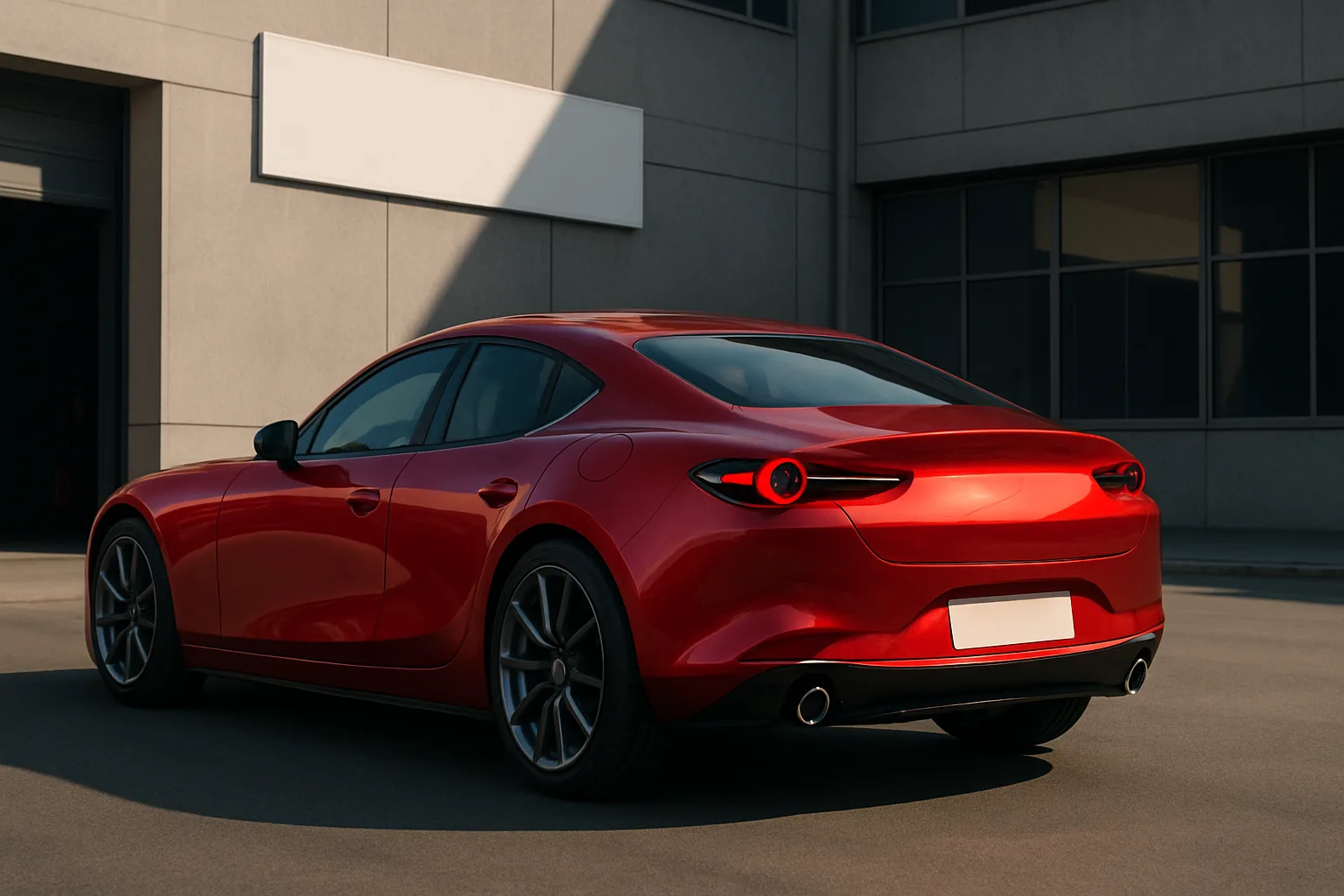 A sleek red sports coupe with tinted windows and circular tail lights parked in sunlight beside a modern grey building