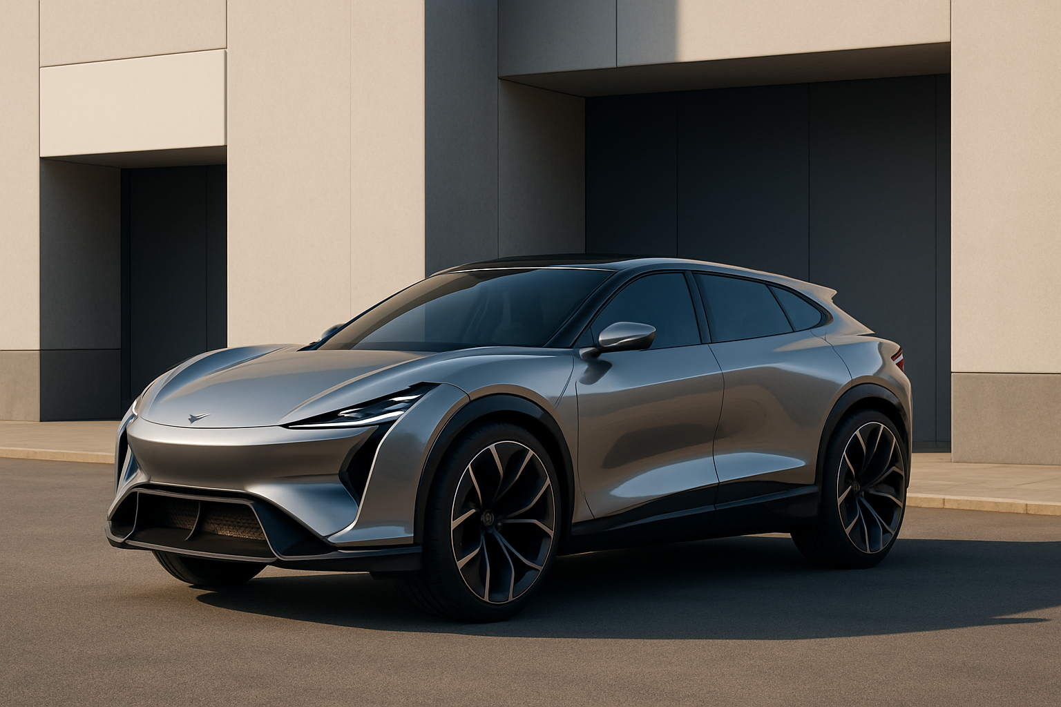 Futuristic silver SUV with sharp lines, black accents and large wheels parked beside a modern pale building in soft daylight