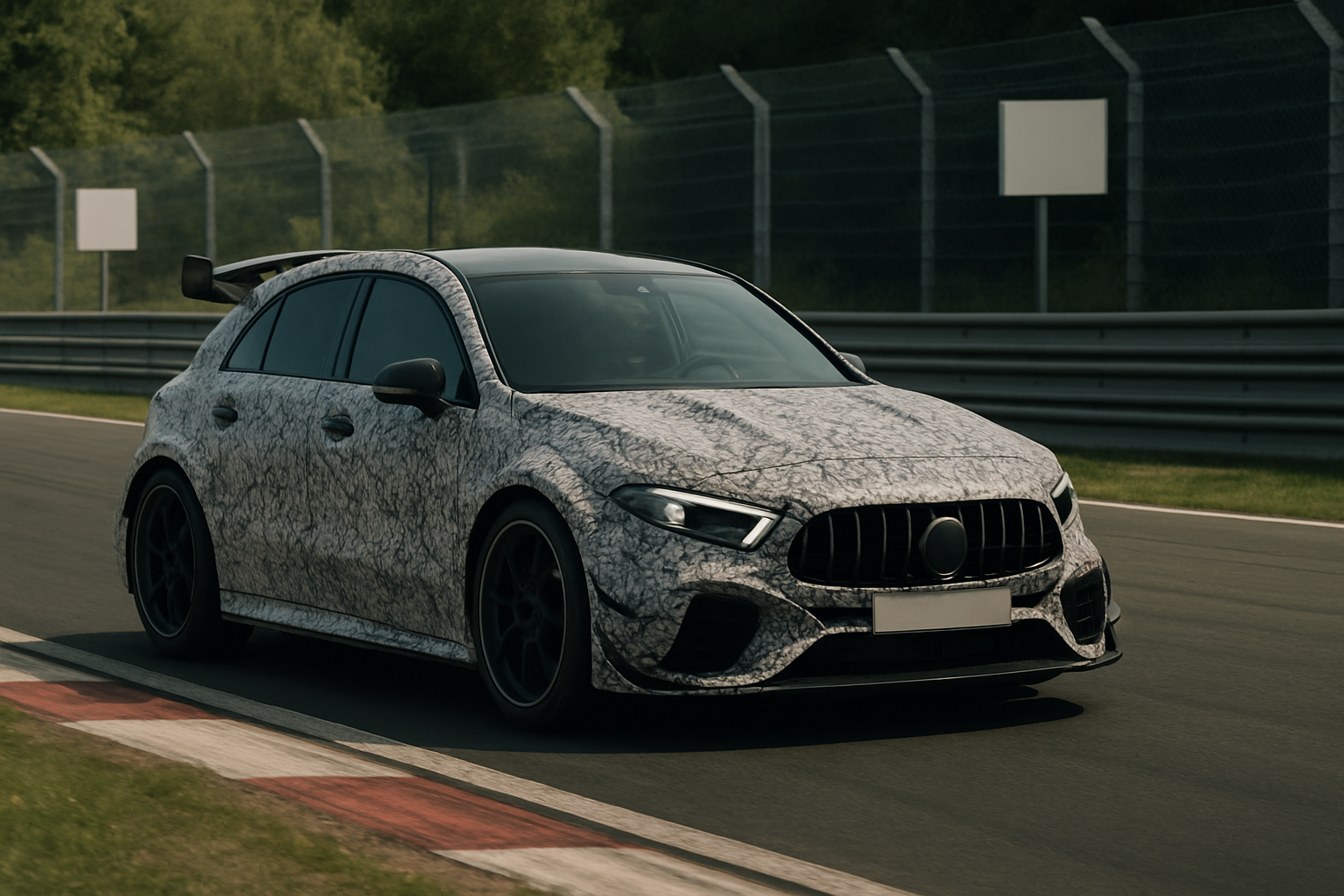Matte grey hatchback with cracked-pattern camouflage wrapping drives on a racetrack beside blurred fencing and green trees