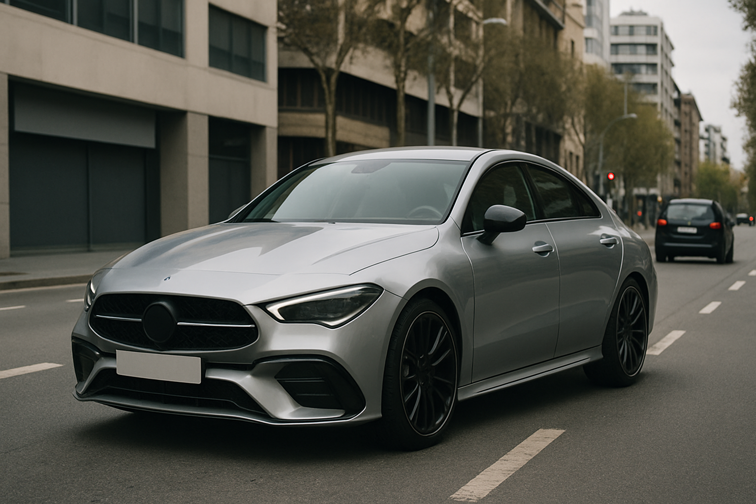 A sleek silver sedan with black trim and dark alloy wheels driving along a city street lined with modern buildings