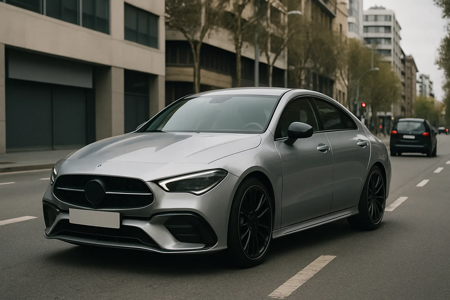 A sleek silver sedan with black trim and dark alloy wheels driving along a city street lined with modern buildings