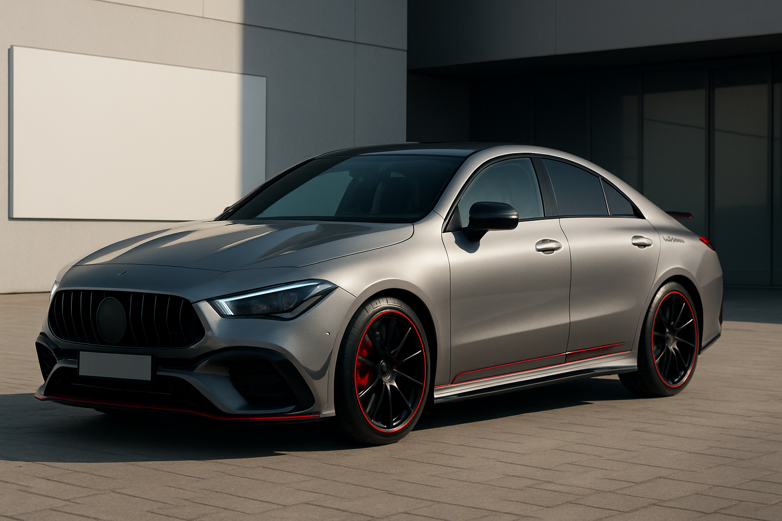 Sleek silver sports sedan with black grille, red accents, tinted windows and black alloy wheels in bright, modern surroundings