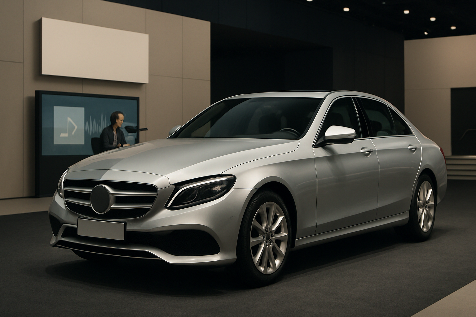 A sleek silver sedan with blanked-out badges is displayed indoors under soft lighting, with a man at a screen in the background