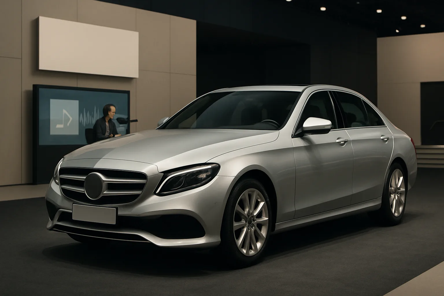 A sleek silver sedan with blanked-out badges is displayed indoors under soft lighting, with a man at a screen in the background