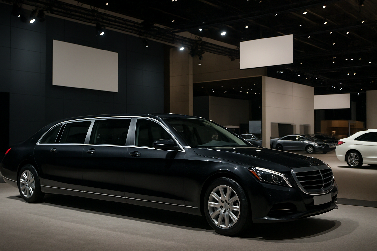 Long, glossy black limousine with silver trim and tinted windows under bright showroom lights, surrounded by blank display boards
