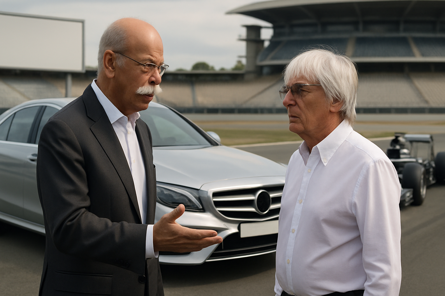 Two older men in business attire stand and talk beside a silver car and a black race car on a racetrack