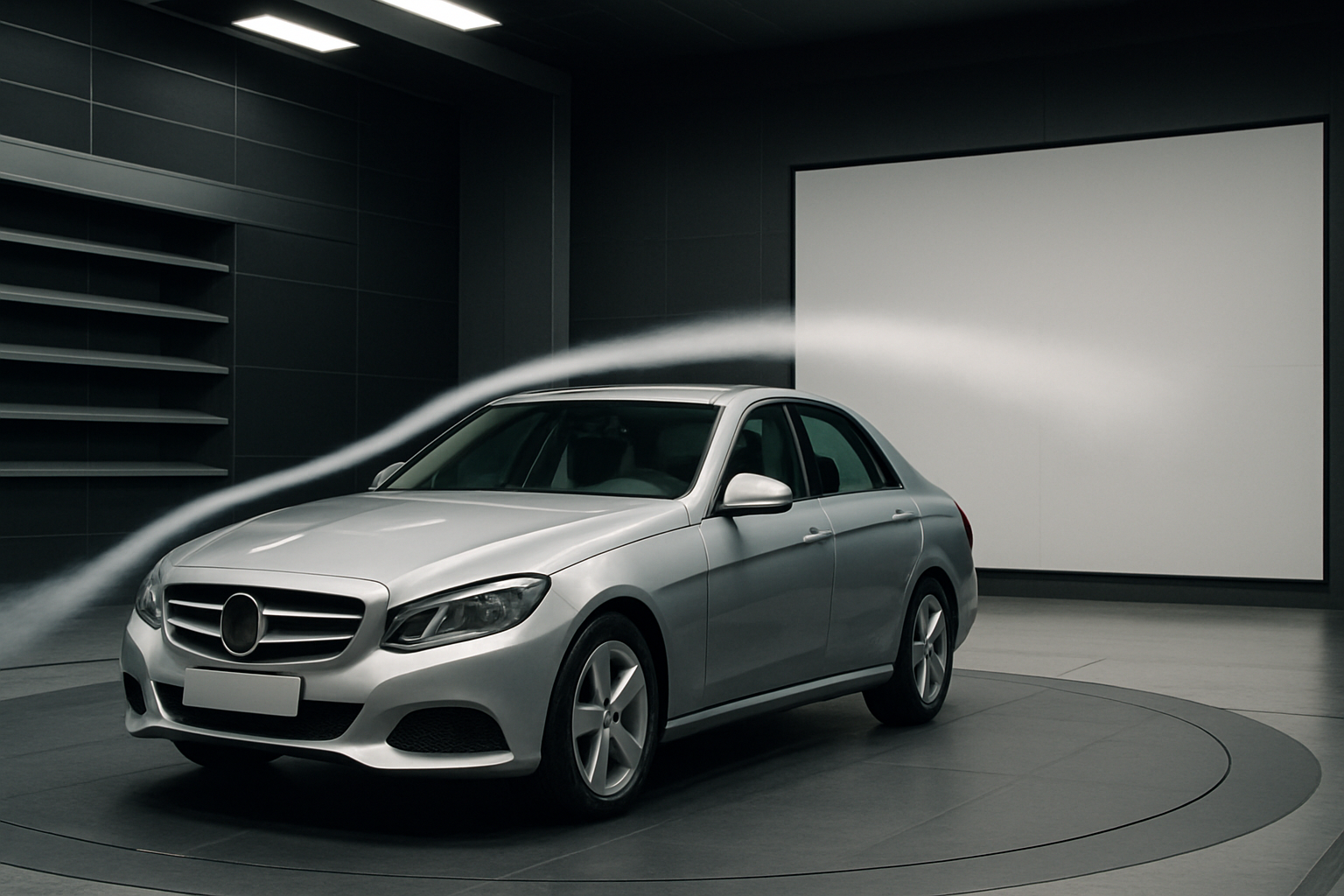 A silver sedan on a circular platform indoors with visible streams of air curving over its body in a dark, sleek room