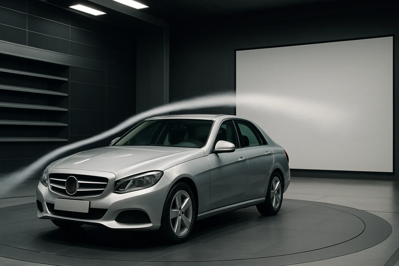 A silver sedan on a circular platform indoors with visible streams of air curving over its body in a dark, sleek room