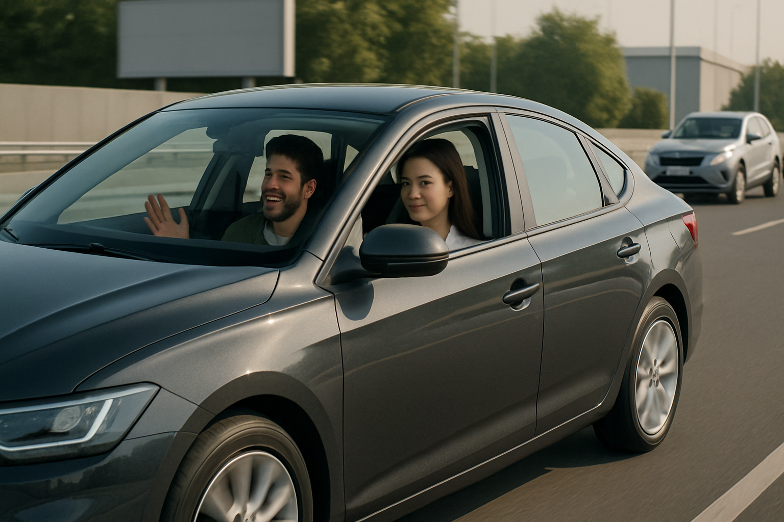 Two young adults sit in the front seats of a grey car on a sunlit road, with the driver smiling and waving, hands off-wheel