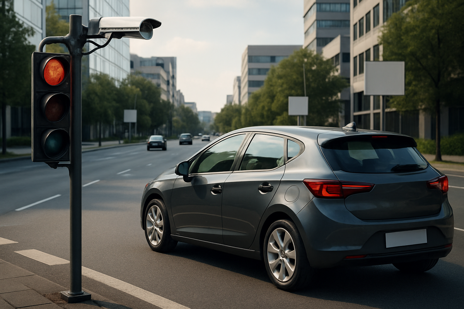 A silver hatchback waits at a red traffic light on a wide, tree-lined city street under a clear sky