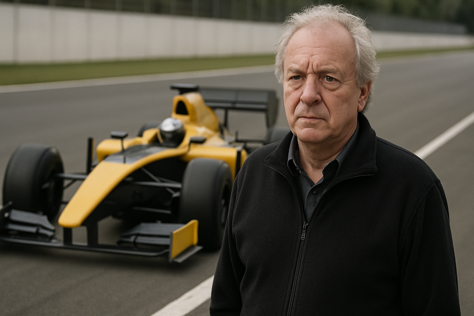 An older man with grey hair stands on a racetrack beside a yellow and black single-seater race car
