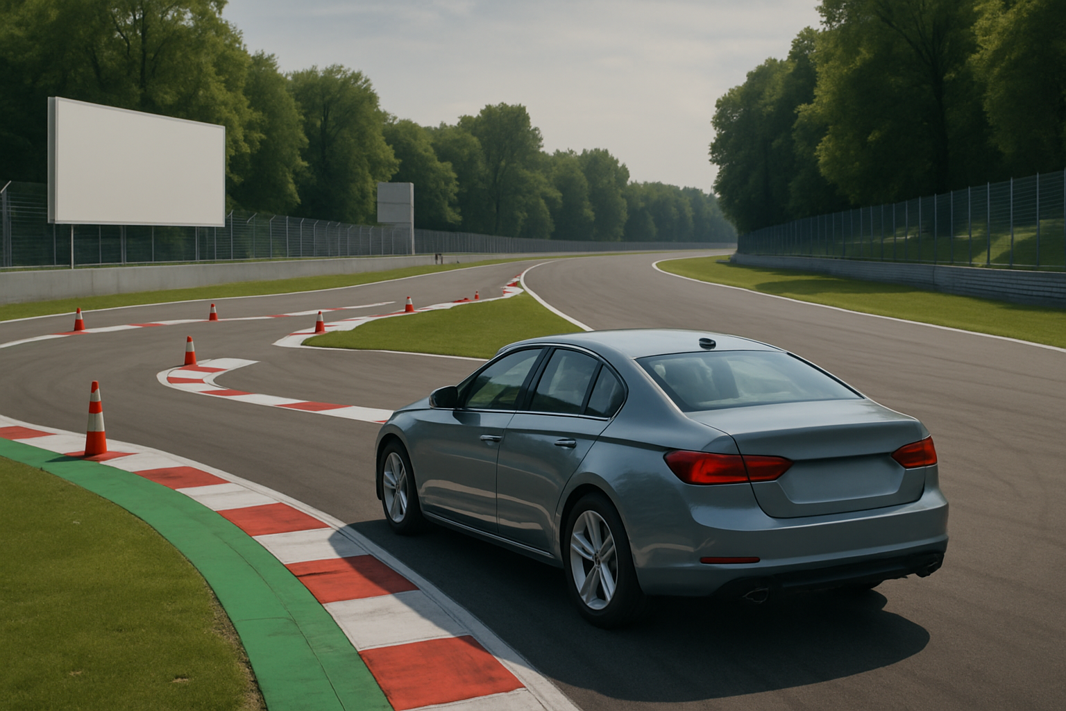 A silver sedan approaches orange cones marking a temporary chicane on a sunlit asphalt racetrack bordered by lush green trees