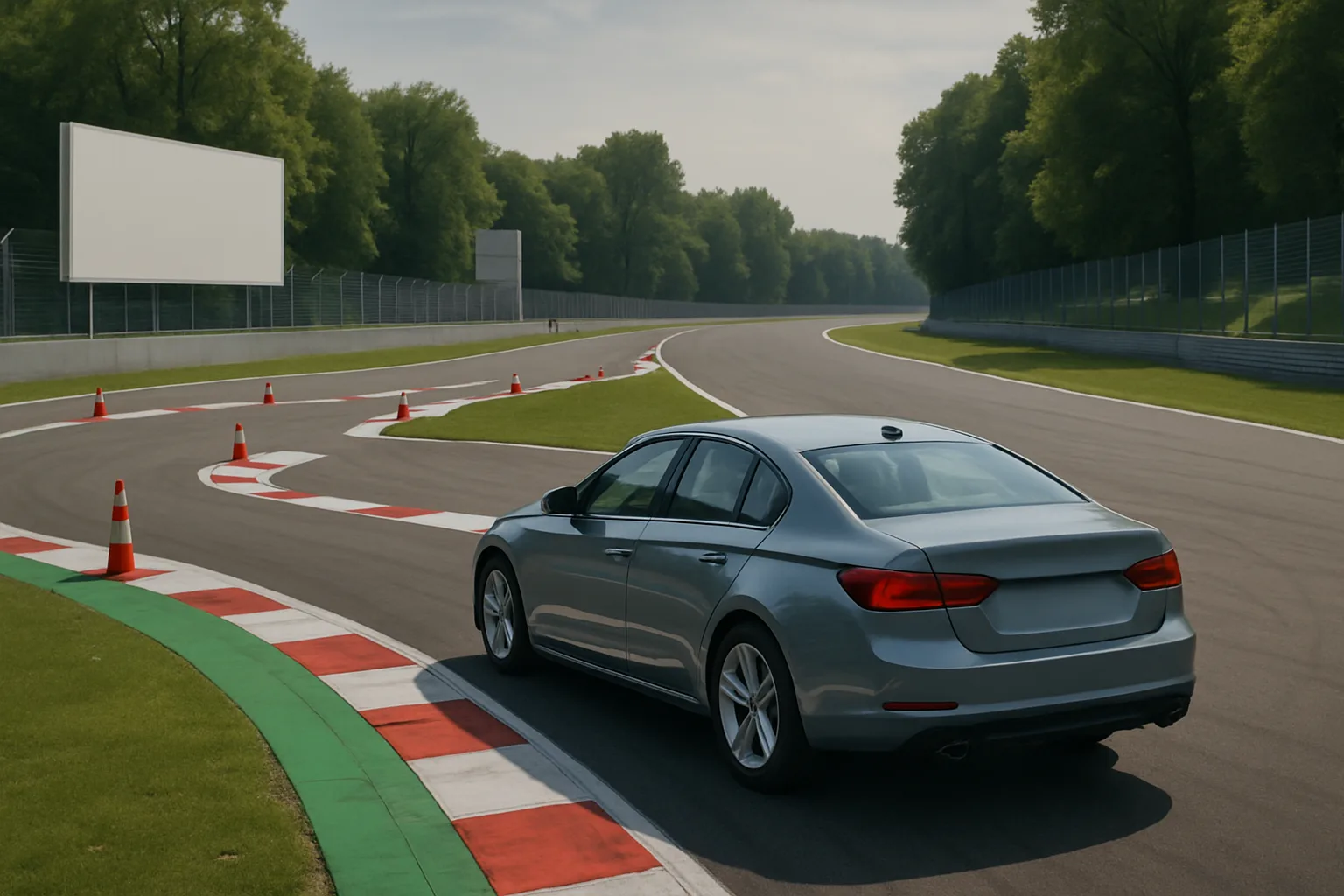 A silver sedan approaches orange cones marking a temporary chicane on a sunlit asphalt racetrack bordered by lush green trees