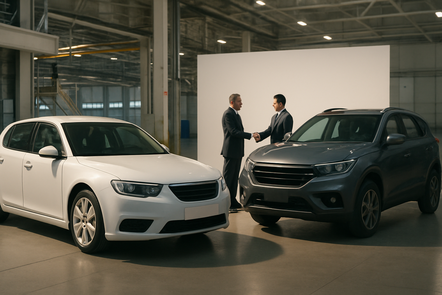 Two men in suits shake hands between a white sedan and a grey SUV in a spacious, well-lit industrial interior