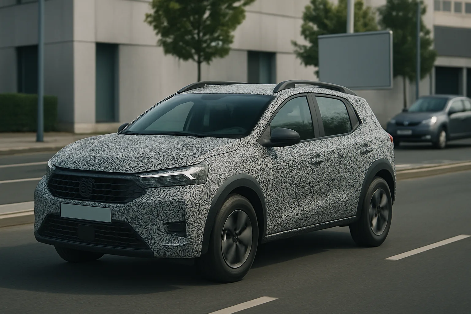 Compact SUV with geometric-patterned camouflage wrap driving on a city street, blurred background and muted colors