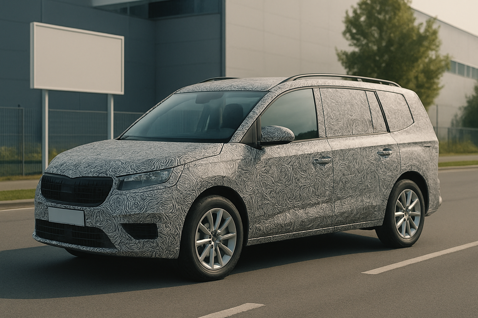 A camouflaged, mid-sized vehicle with swirling grey patterns parked on a sunlit street beside a modern industrial building