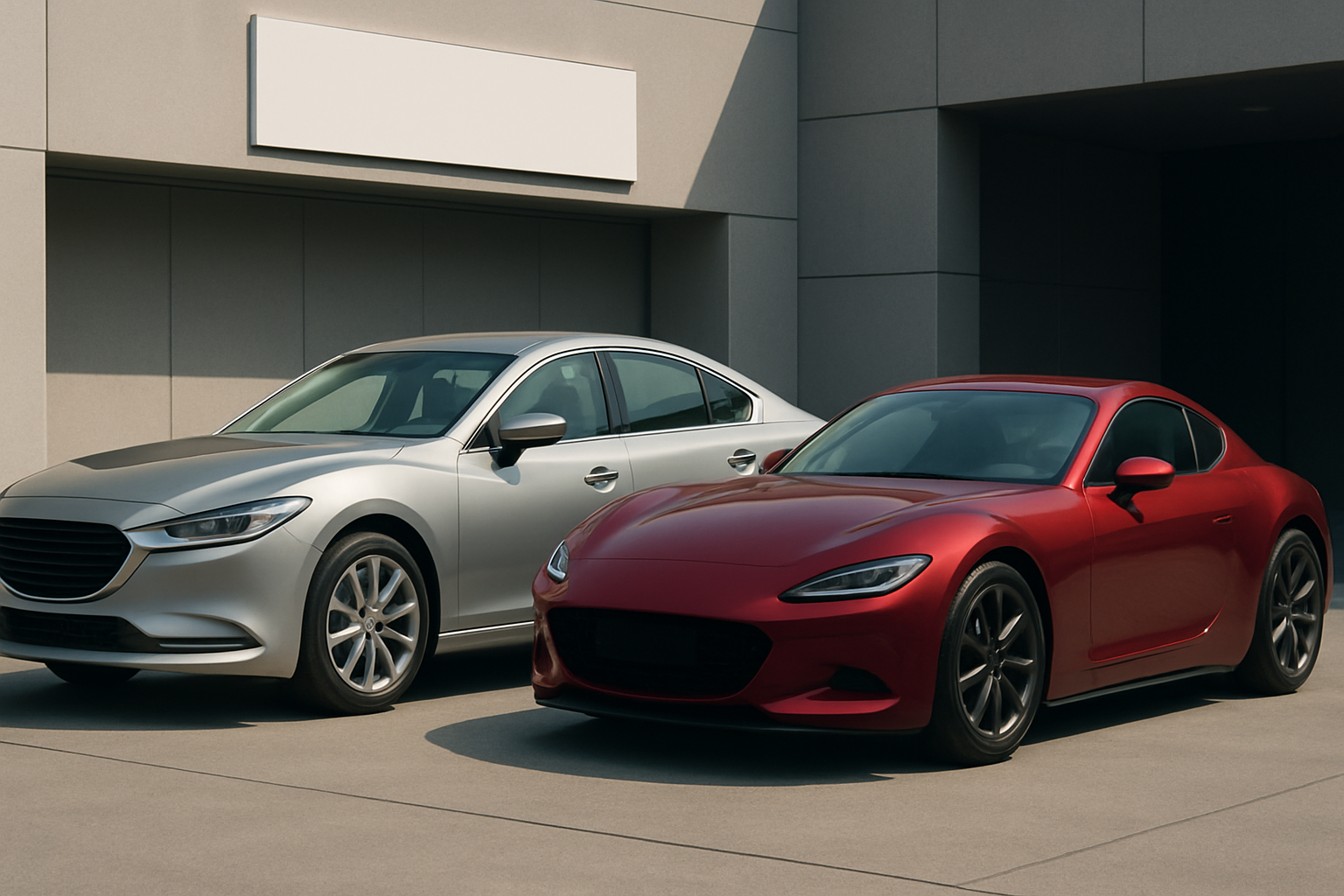 Two modern silver and red cars with smooth curves parked side by side in bright sunlight against a minimalist gray building