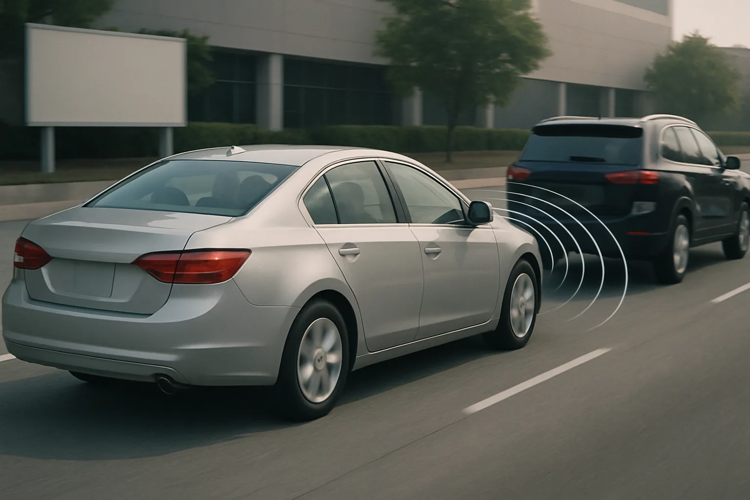 A silver sedan driving behind a dark SUV on a road, with blue sensor waves emitting from the sedan’s front bumper